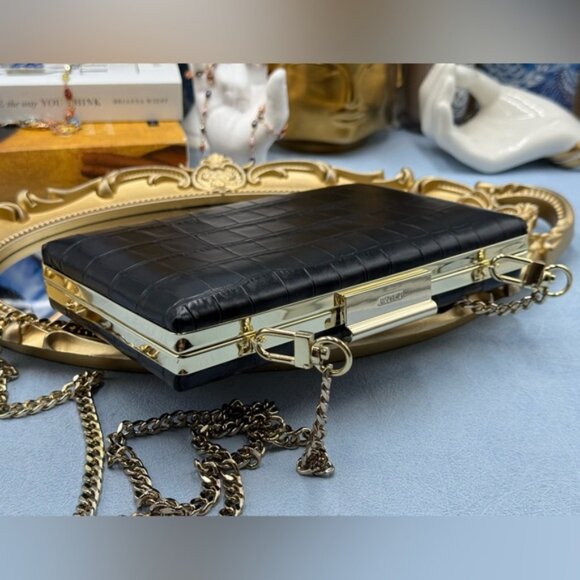 🆕 JASON WU 🧿 NWOT Black Croc Embossed Leather Clutch, with Gold Chain Strap - Picture 9 of 16